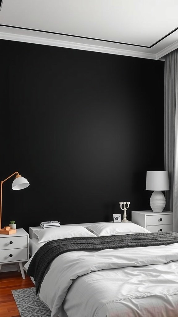 A chic black accent wall in a stylish bedroom with white bedding and modern decor.