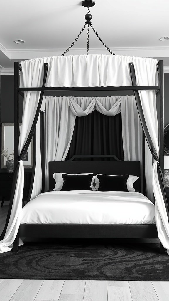 Chic black and white canopy bed with elegant drapes and modern design.