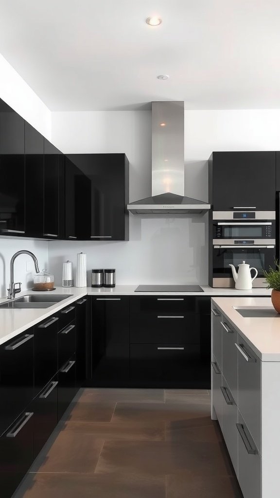 A modern kitchen featuring chic black cabinets and white accents.