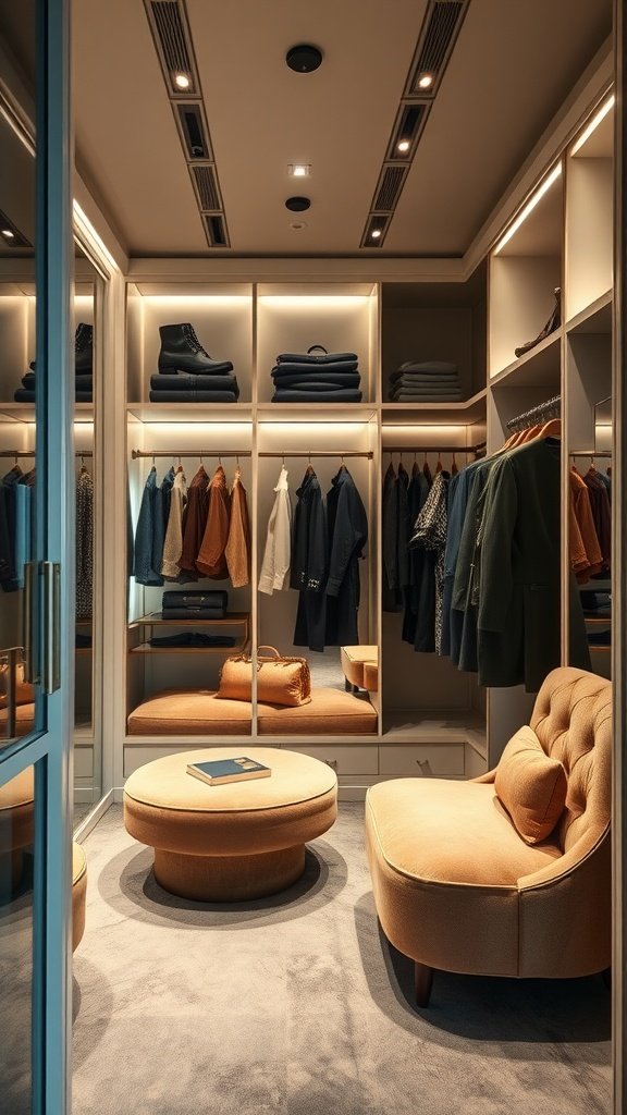 Stylish walk-in closet with plush seating and organized clothing displays.