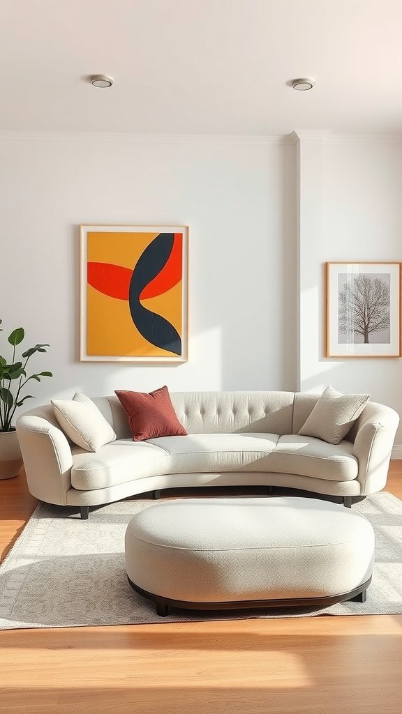 A chic curved sofa in a stylish living room with decorative art and a warm atmosphere.