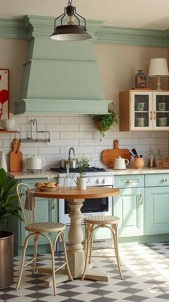 A chic kitchen featuring mint green cabinets, checkered flooring, and a round wooden table with chairs.