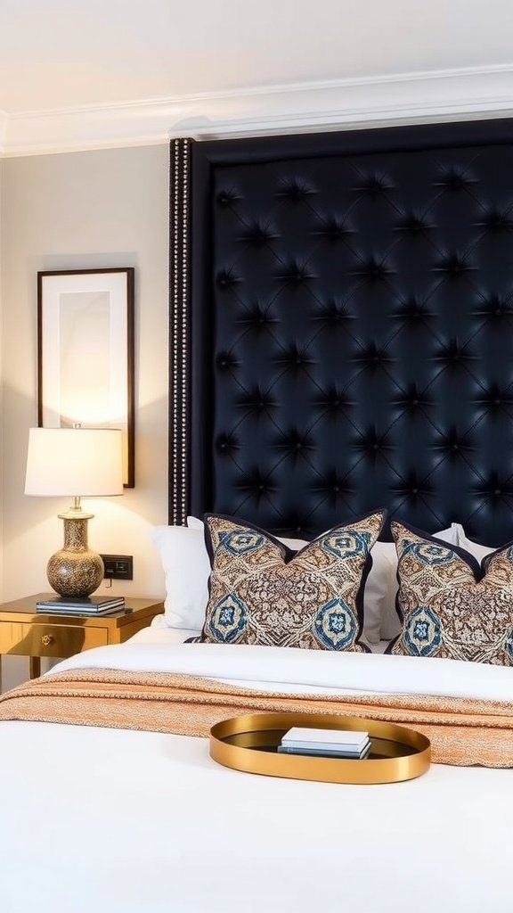Stylish bedroom with a tufted headboard, white bedding, and bedside tables.