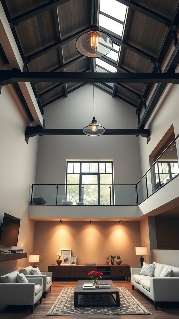 A double-height living room with industrial beam lighting and contemporary furnishings.