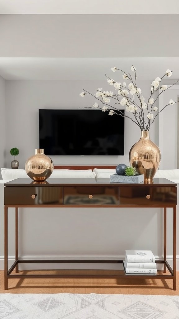 A modern console table with metallic vases and a sleek design in a stylish living room.