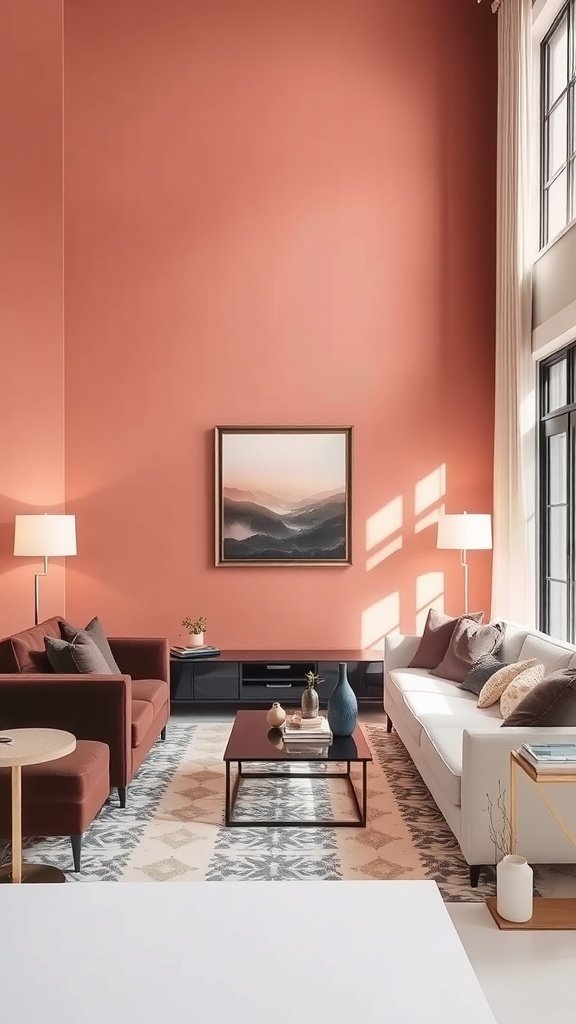 A stylish living room with terracotta walls, orange sofas, and modern decor.