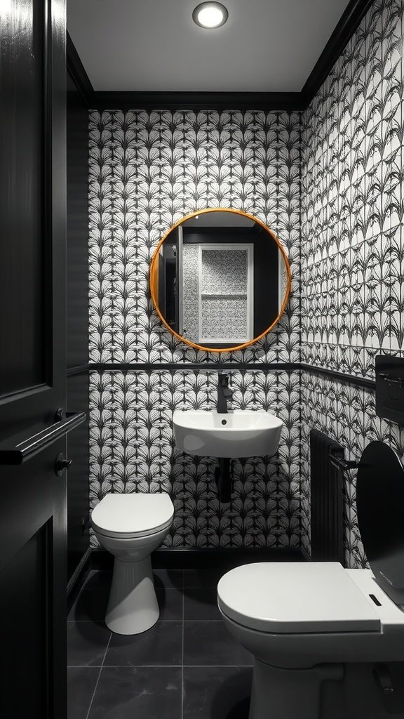A small, dark bathroom with chic monochrome wallpaper featuring a black and white floral pattern and an orange mirror.
