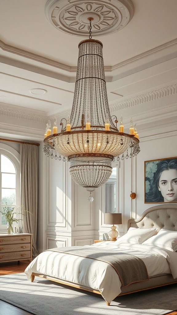 A luxurious multi-tiered chandelier hanging over a stylish bedroom bed.