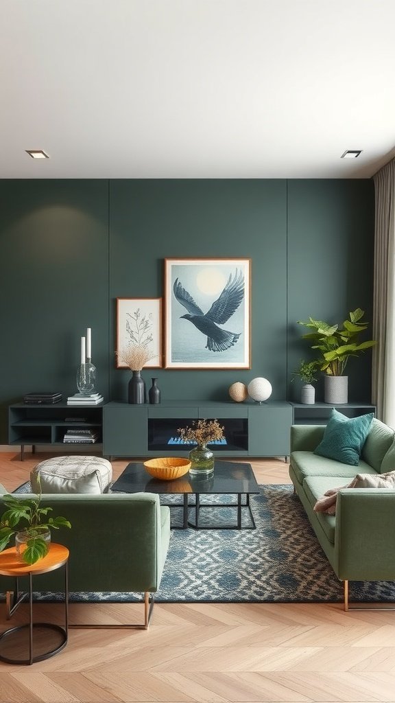Chic living room featuring deep green walls, cozy sofas, and decorative elements.