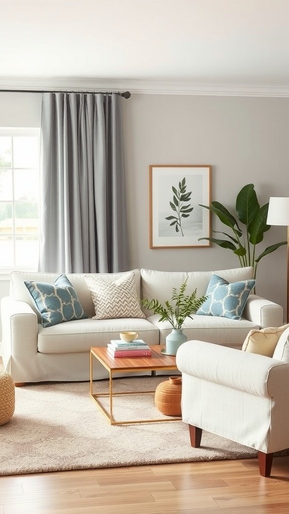 A bright and cozy living room featuring a slipcovered sofa with decorative pillows and a coffee table adorned with books and plants.