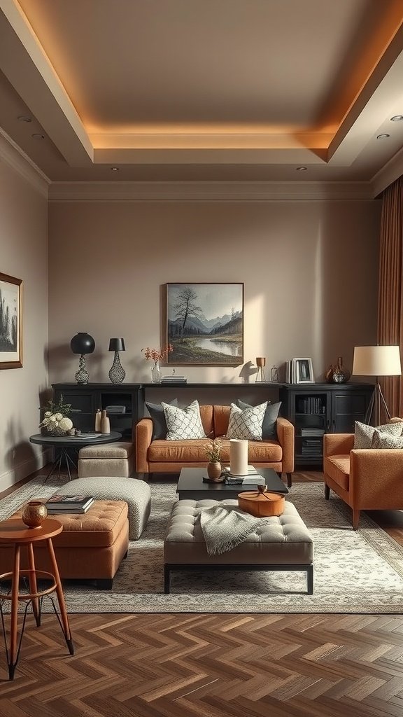 A stylish living room featuring chic taupe walls, wooden flooring, and elegant furniture.