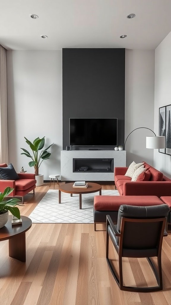 A modern living room featuring red sofas, a black accent wall, and wooden flooring.