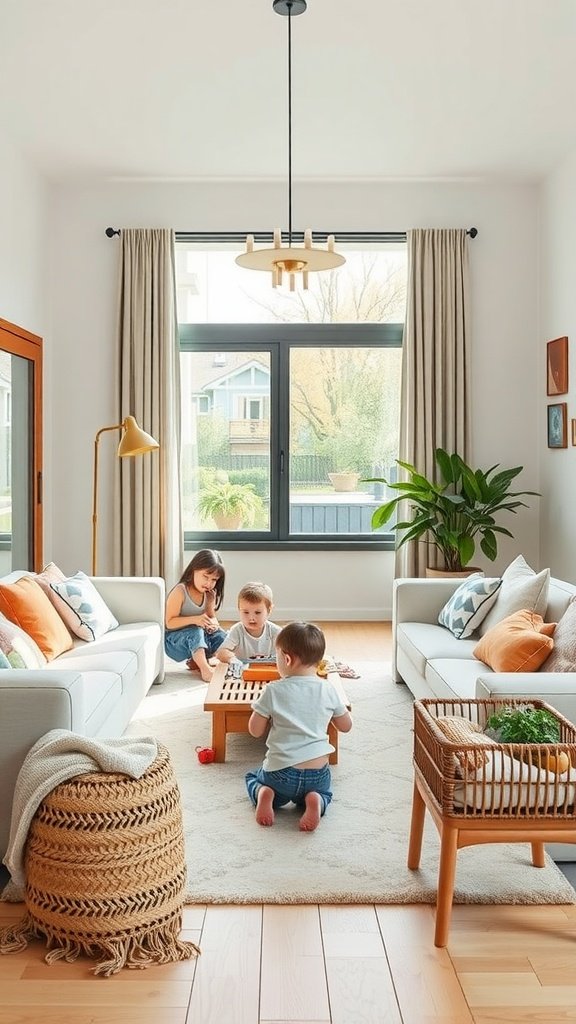 A bright and airy living room featuring children playing, with soft furnishings and a cozy atmosphere.