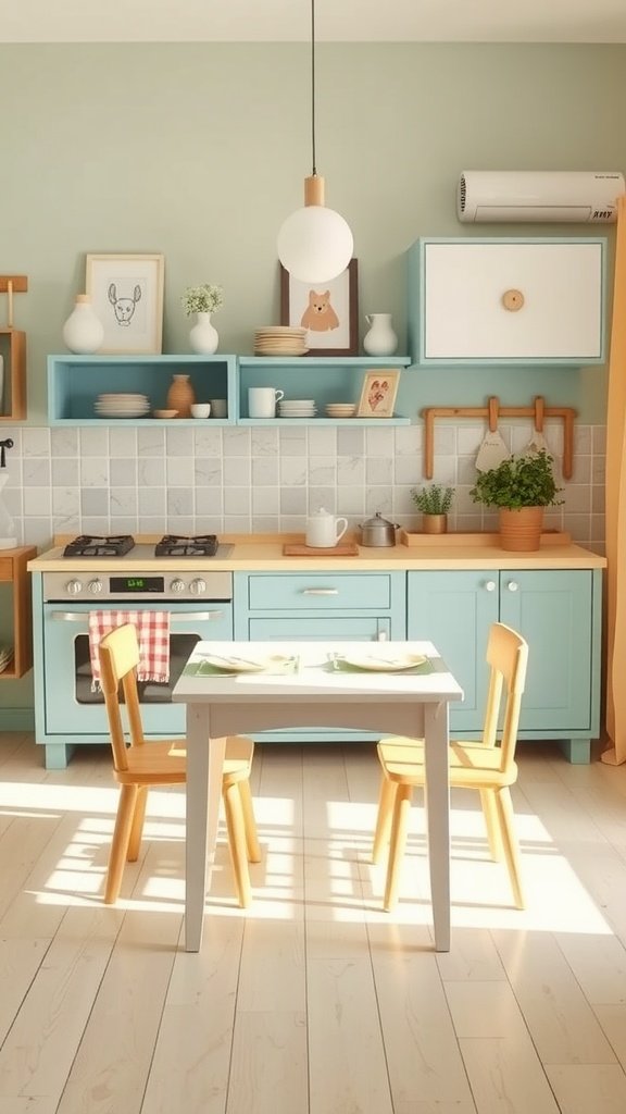 A child-sized dining set with a small table and two chairs in a bright kitchen.