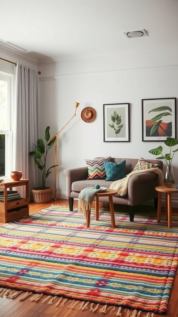 Colorful chindi rug in a cozy living room setting