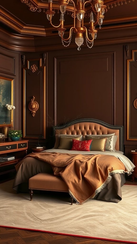 A luxurious bedroom featuring chocolate brown walls, a gold chandelier, and elegant decor.