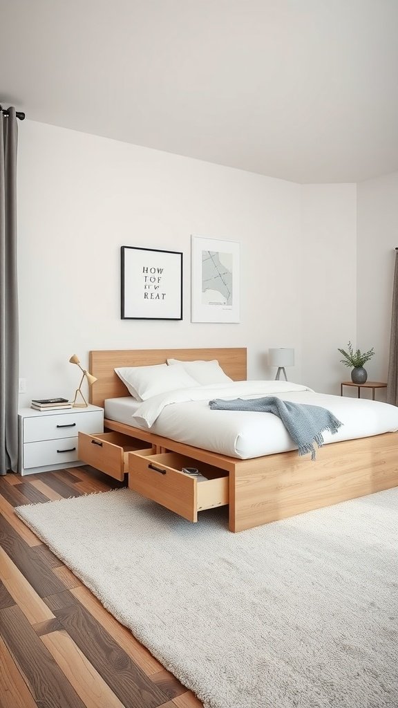 A modern bedroom with a bed featuring storage drawers and a stylish nightstand.