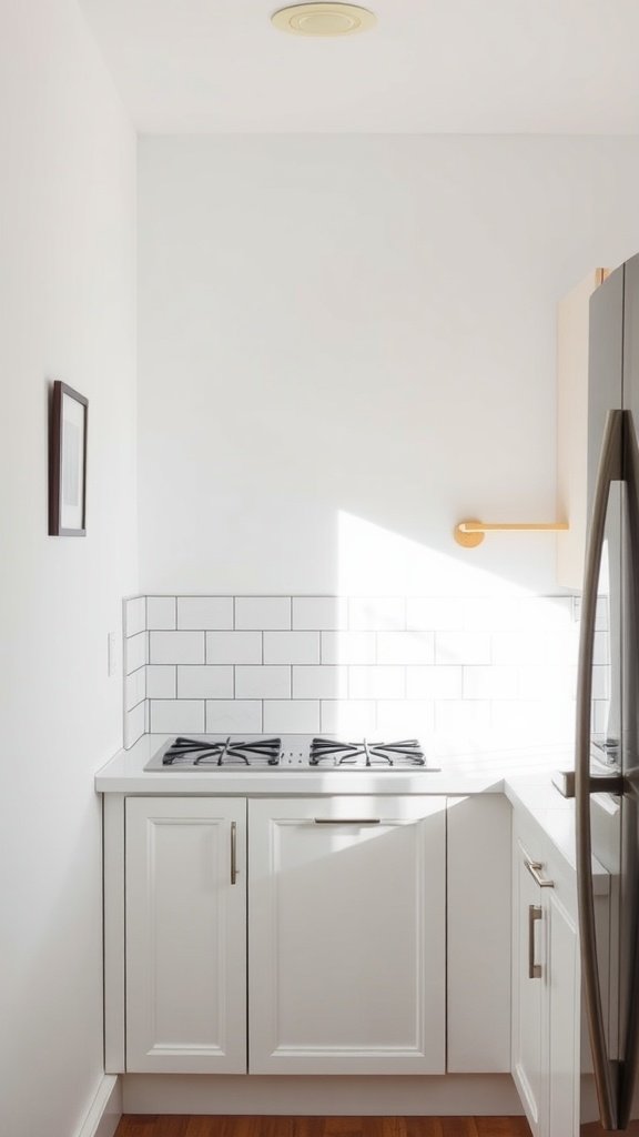 A small kitchen featuring a light-colored backsplash, bright cabinets, and ample natural light.