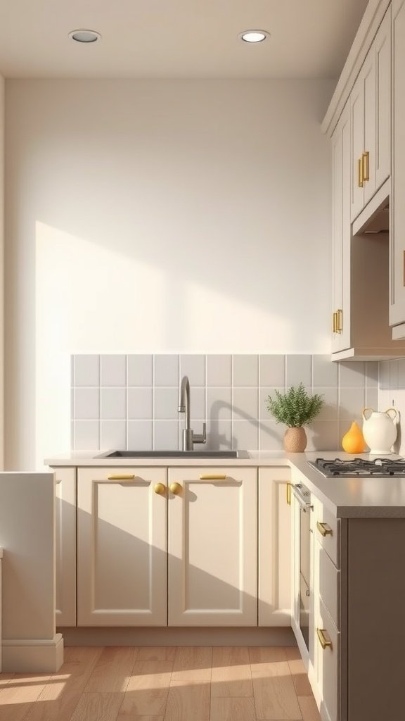 A bright kitchen with neutral tones, featuring light cabinets and a clean countertop.