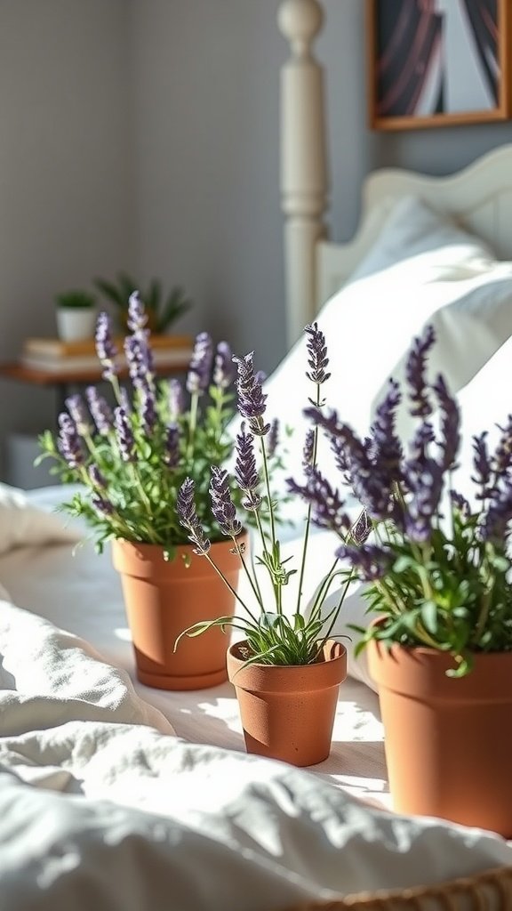 Three lavender plants in terracotta pots on a bed with soft white bedding.