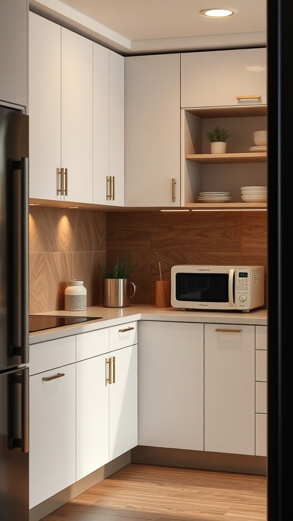 A modern small kitchen featuring compact appliances and a clean design.