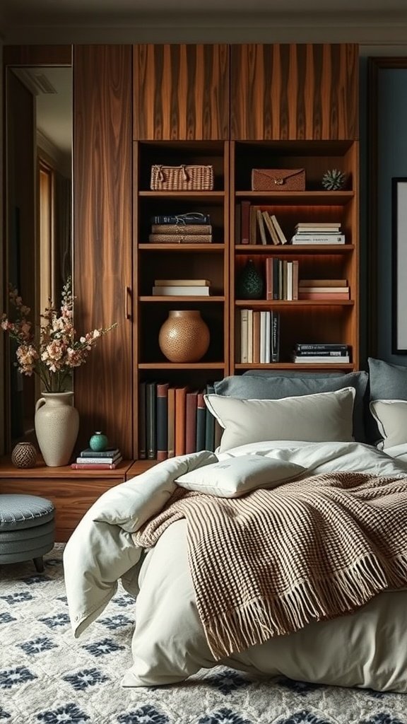 A cozy bedroom with a comfortable bed, bookshelves, and decorative items.