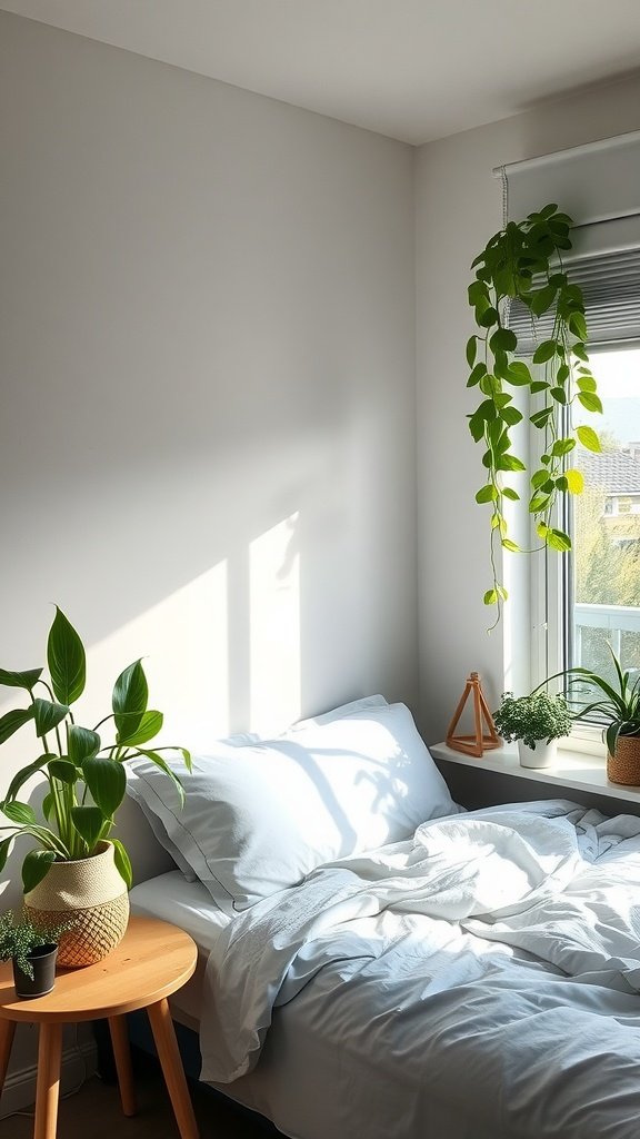 A cozy bedroom with low-light plants including pothos and snake plants near a window.