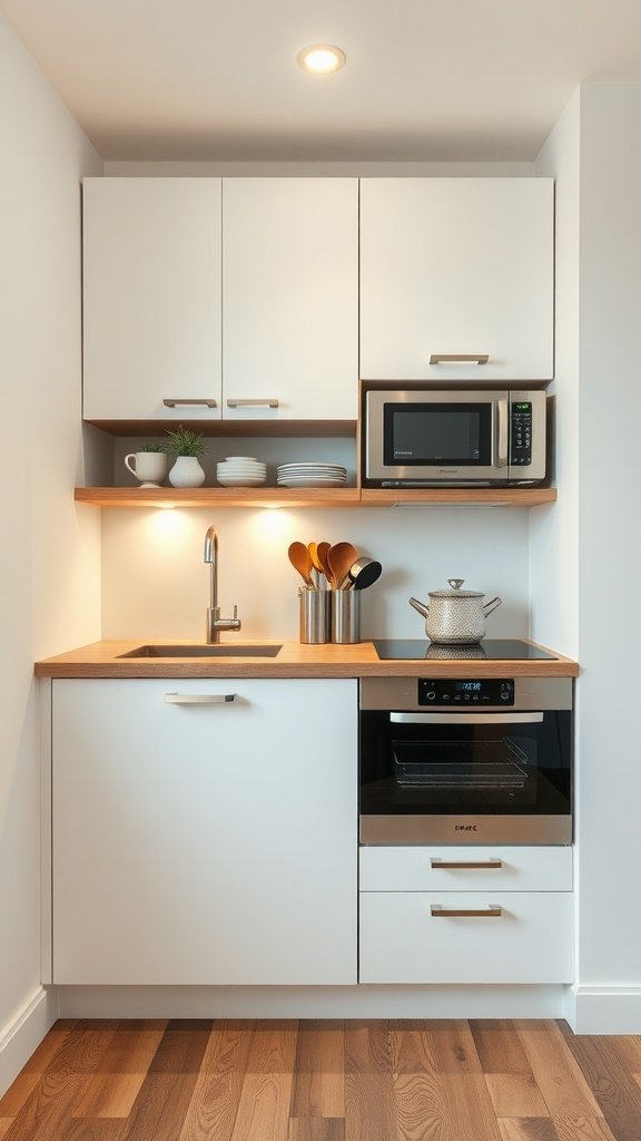A small kitchen featuring slim appliances, including cabinets, a sink, and a microwave.