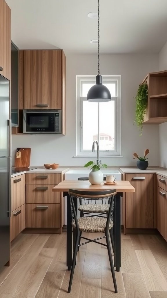 A cozy small kitchen featuring slimline furniture, including a compact table and stylish chairs.