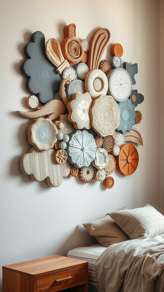 Textured wall art featuring leaves and fabric on a wall above a bed.