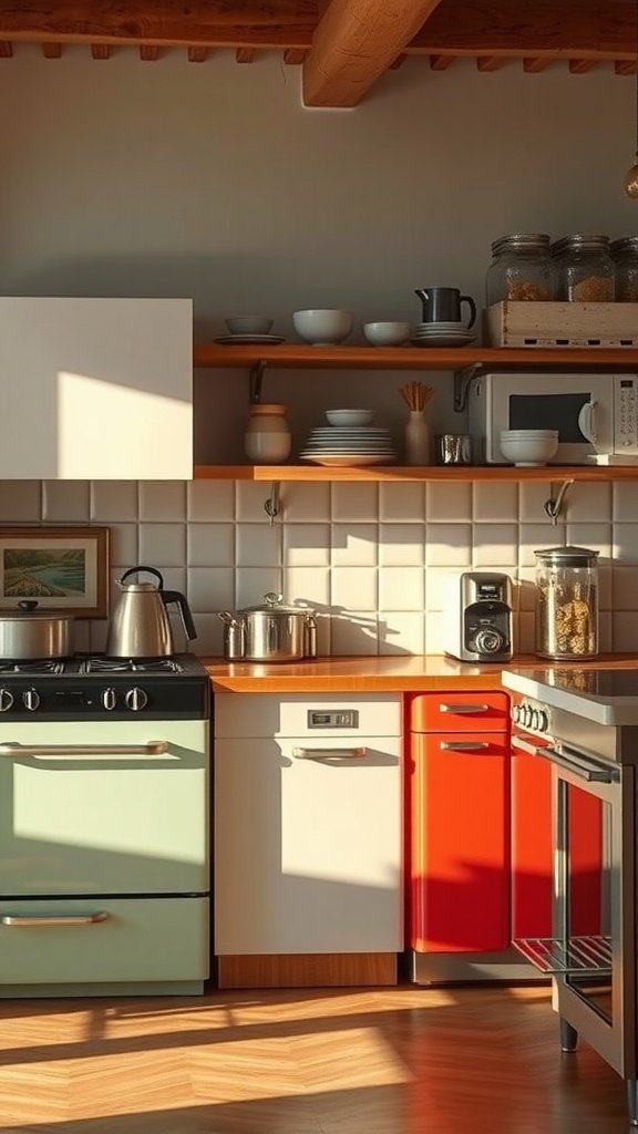 A colorful kitchen featuring an array of stylish appliances in a cozy setup.