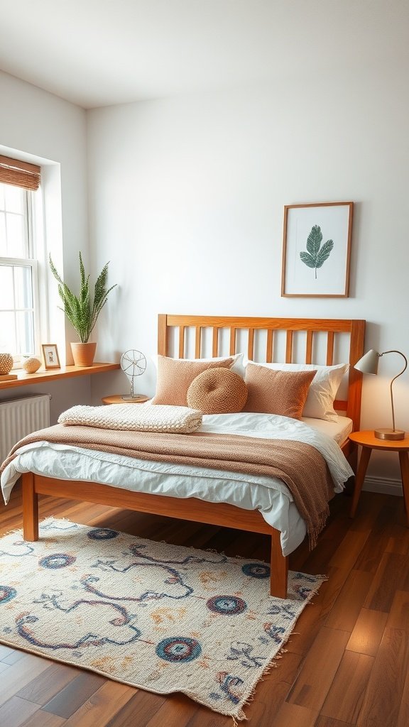 A small bedroom featuring a wooden bed with soft bedding and warm-toned decor.