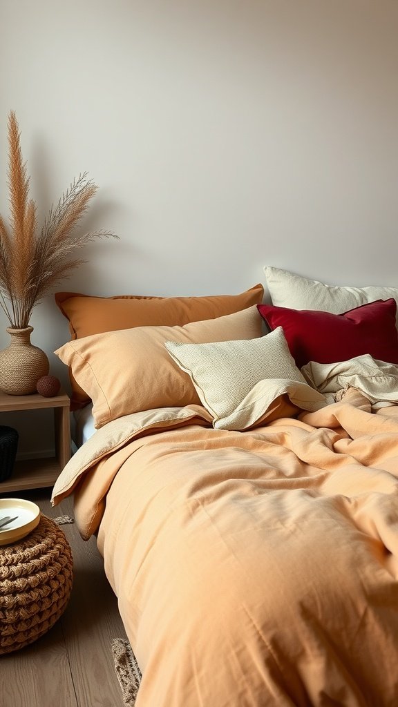 Cozy bedroom with layered bedding and pillows in warm colors.