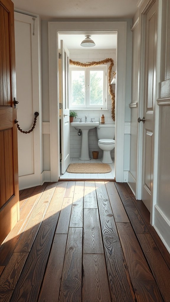 Interior view of a farmhouse hallway leading to a bathroom with wooden flooring.