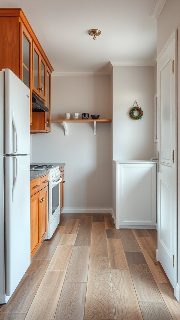 A small kitchen with wooden flooring and light-colored cabinets.
