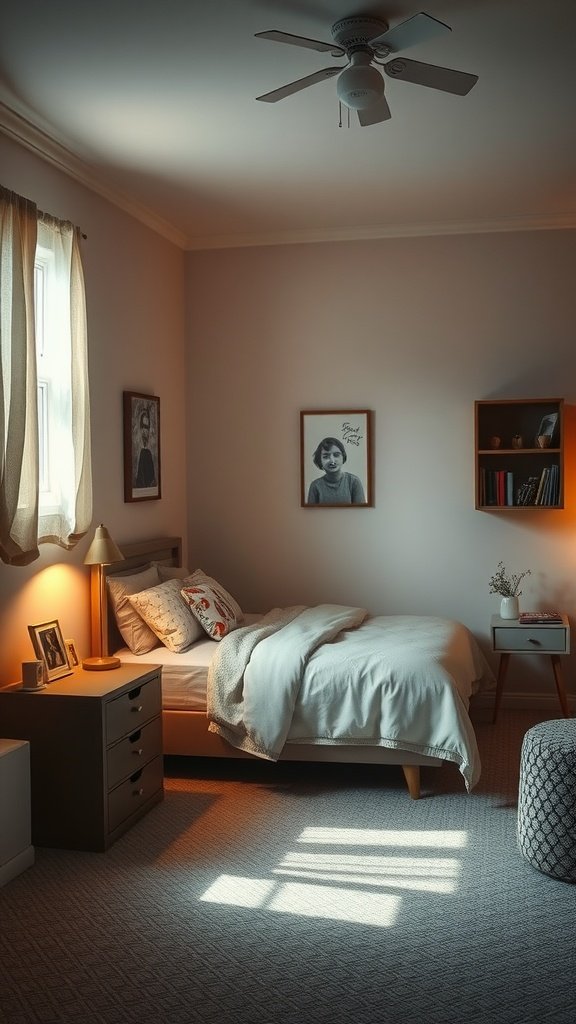 A small bedroom with soft lighting from lamps and natural light filtering through sheer curtains.