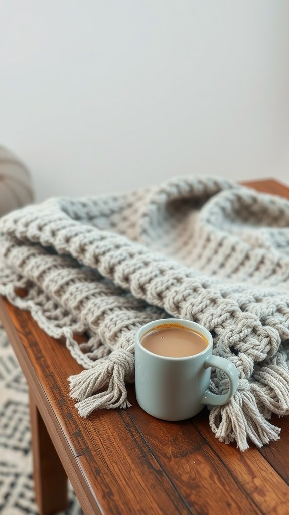 A cozy chunky knit blanket draped over a table next to a cup of coffee.