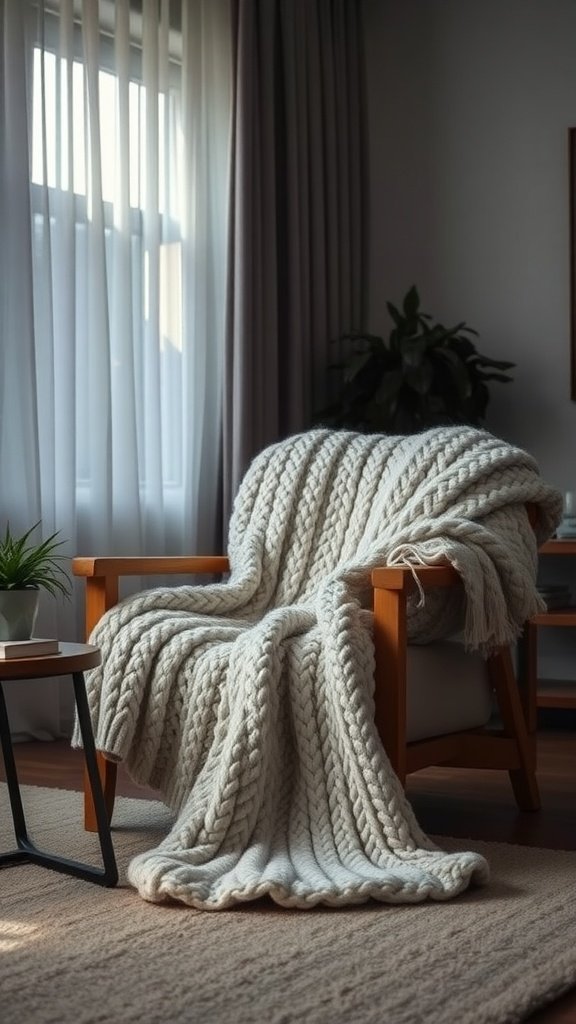 A chunky knit throw blanket draped over a wooden chair, enhancing the cozy atmosphere of a living room.