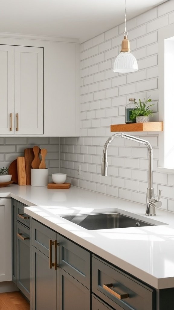 A modern kitchen featuring a classic subway tile backsplash with white cabinetry and a sleek countertop.