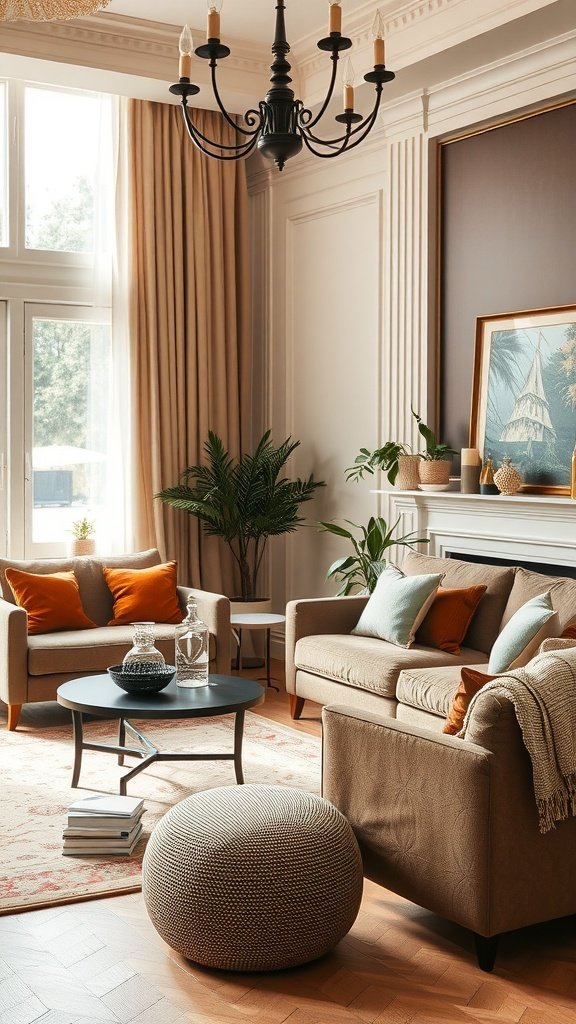 A luxurious living room featuring beige and chocolate furniture, accented with colorful pillows and natural plants.