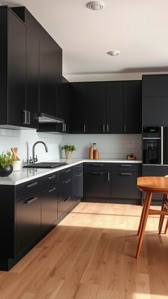 Stylish black kitchen cabinets with modern fixtures and wooden flooring.