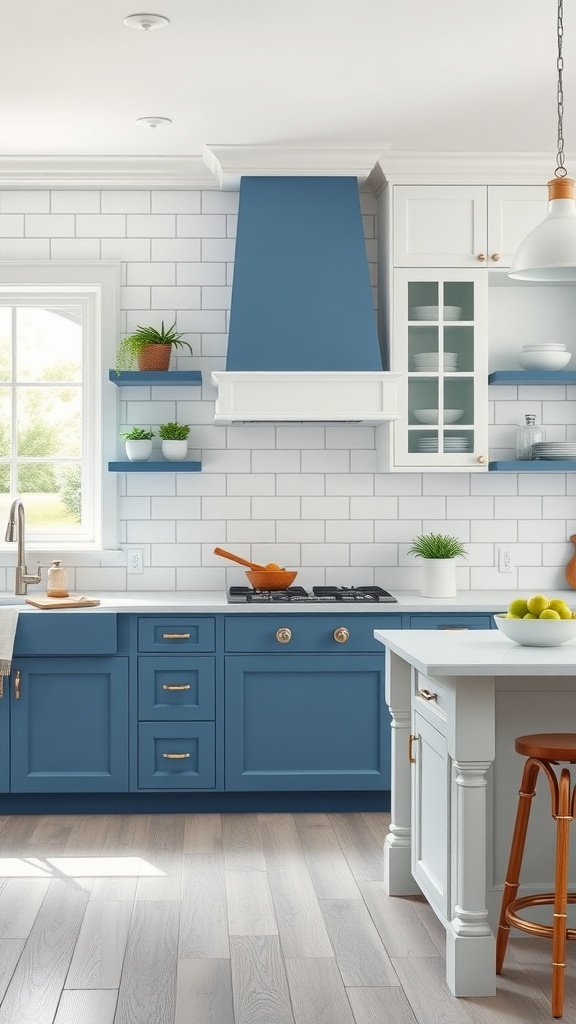 A kitchen featuring classic blue cabinets and white accents.