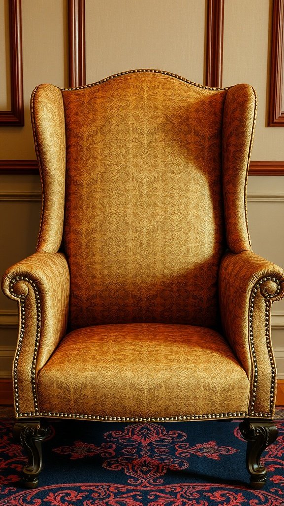 A classic brocade armchair with a rich golden pattern.