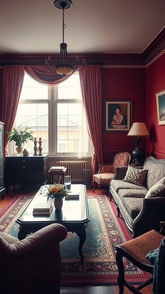 Living room featuring classic burgundy walls with elegant furniture and decor
