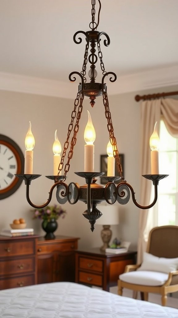 A classic candle style chandelier with five arms and warm light, hanging in a cozy bedroom setting.