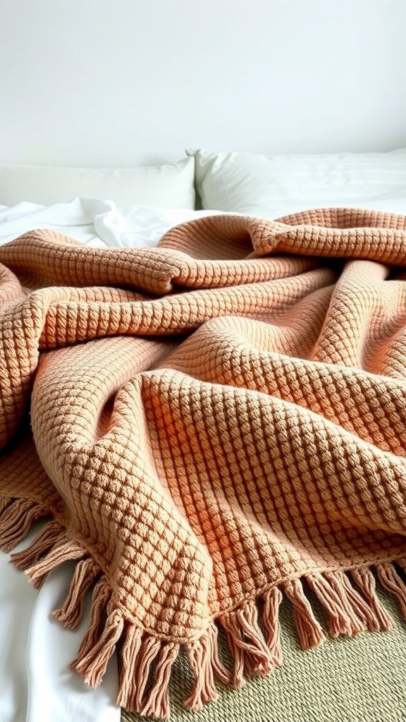 A cozy classic chenille throw blanket in a warm color draped on a couch.