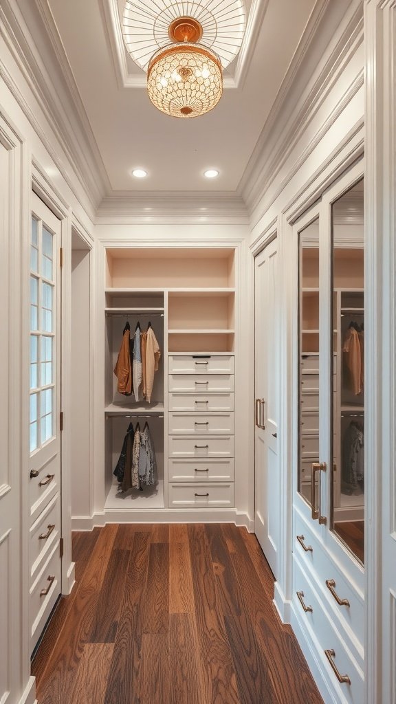 Elegant walk-in closet featuring crown molding and warm wood flooring.
