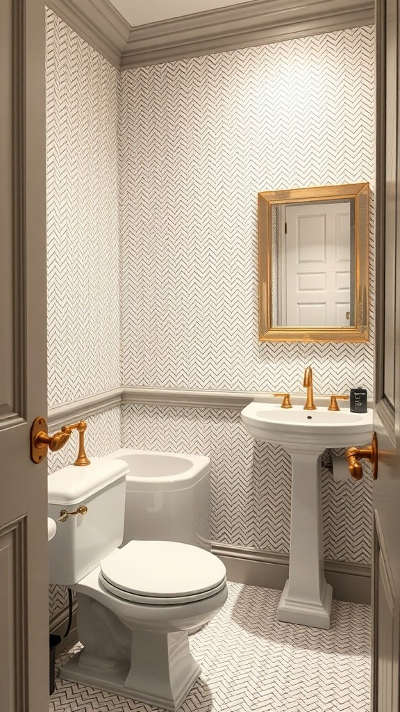 A small bathroom featuring classic herringbone patterned wallpaper, a white toilet, and a pedestal sink with golden fixtures.