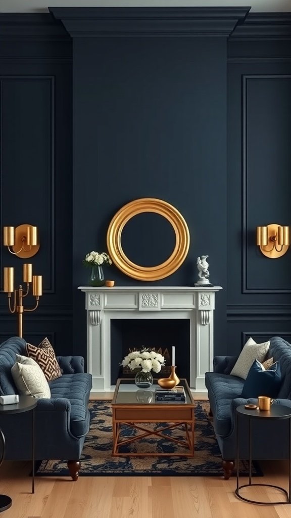 Navy blue living room with gold accents