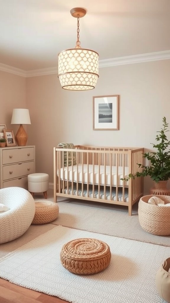 A softly decorated nursery featuring a neutral color palette with a wooden crib, cozy seating, and decorative plants.